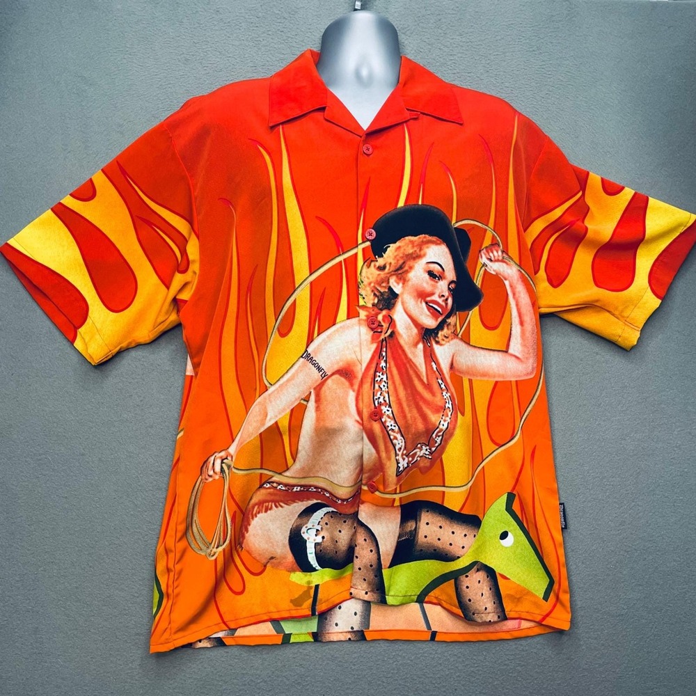 Dragonfly Men Shirt Polyester Flame Pinup Cowgirl XL Y2K Streetwear Rockabilly